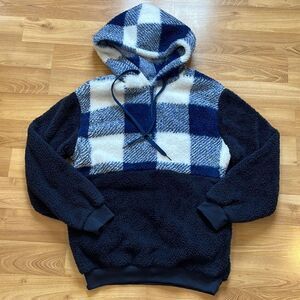 Navy Blue White Plaid Fuzzy Pullover Half Zip Oversized Hoodie Women’s Small